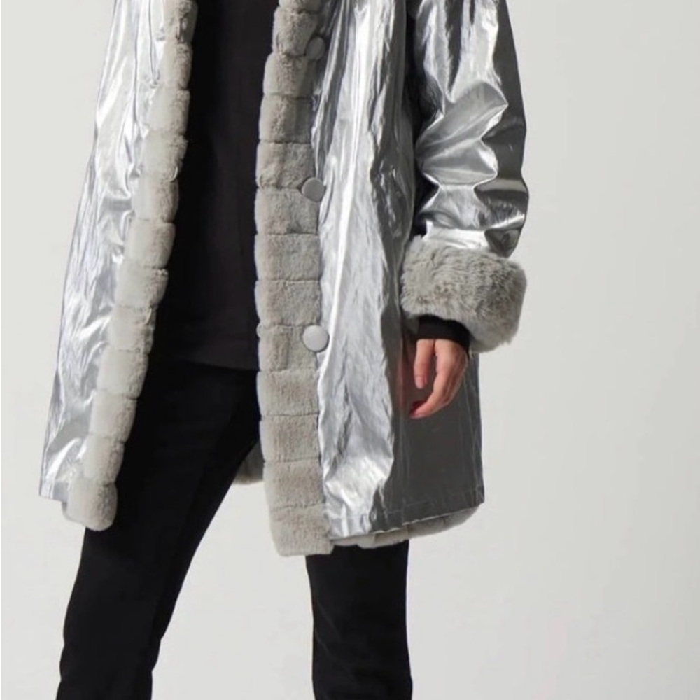 Joseph Ribkoff Silver Faux Fur Reversible Coat - Picture 2 of 15